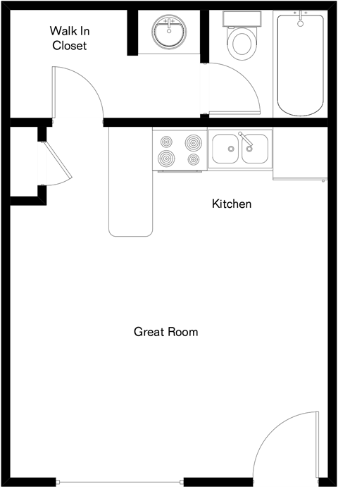 A floor plan of a house with a walk in closet, kitchen, and great room.